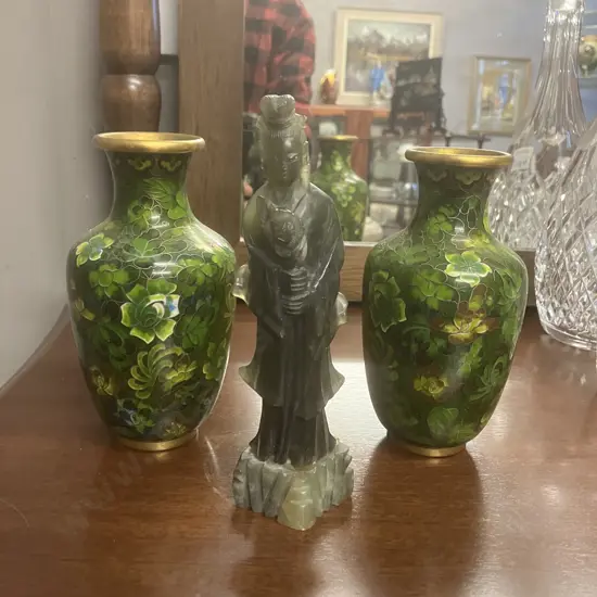 Carved Stone (Jade?) Chinese Goddess Figurine H17.5cm & Pair of Cloisonne Vases. H15.5cm
