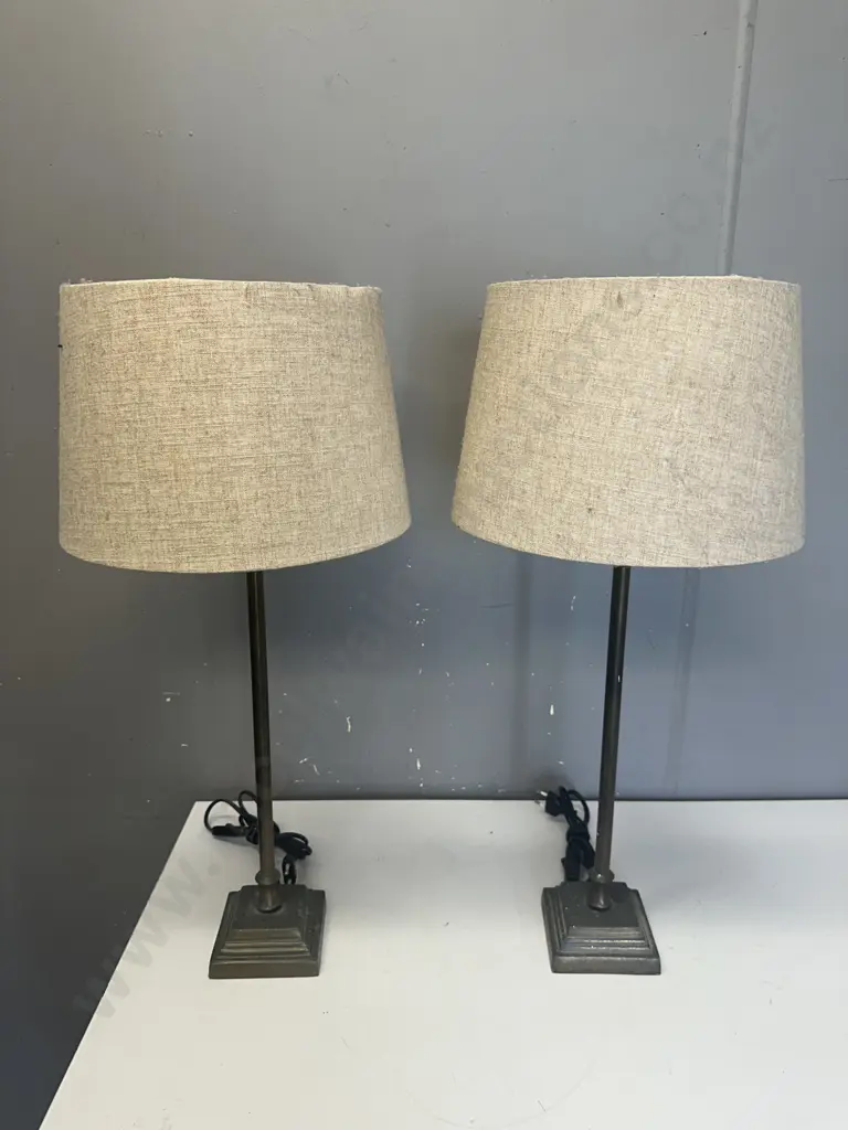 Pair Of L&L Collections Table Lamps Brass Coloured Bases & Cream Fabric Shades (as found) H66cm. Image 1++