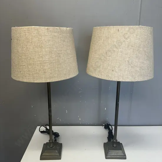 Pair Of L&L Collections Table Lamps Brass Coloured Bases & Cream Fabric Shades (as found) H66cm.