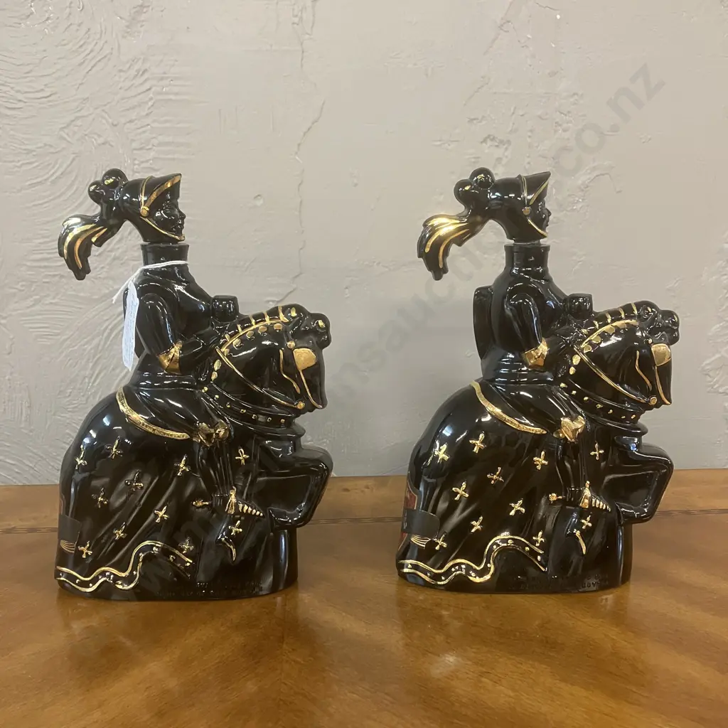 Pair of Vintage Castagnon Armagnac Black & Gold Knight Ceramic Decanters - Nogaro, France. H27cm Image 1++