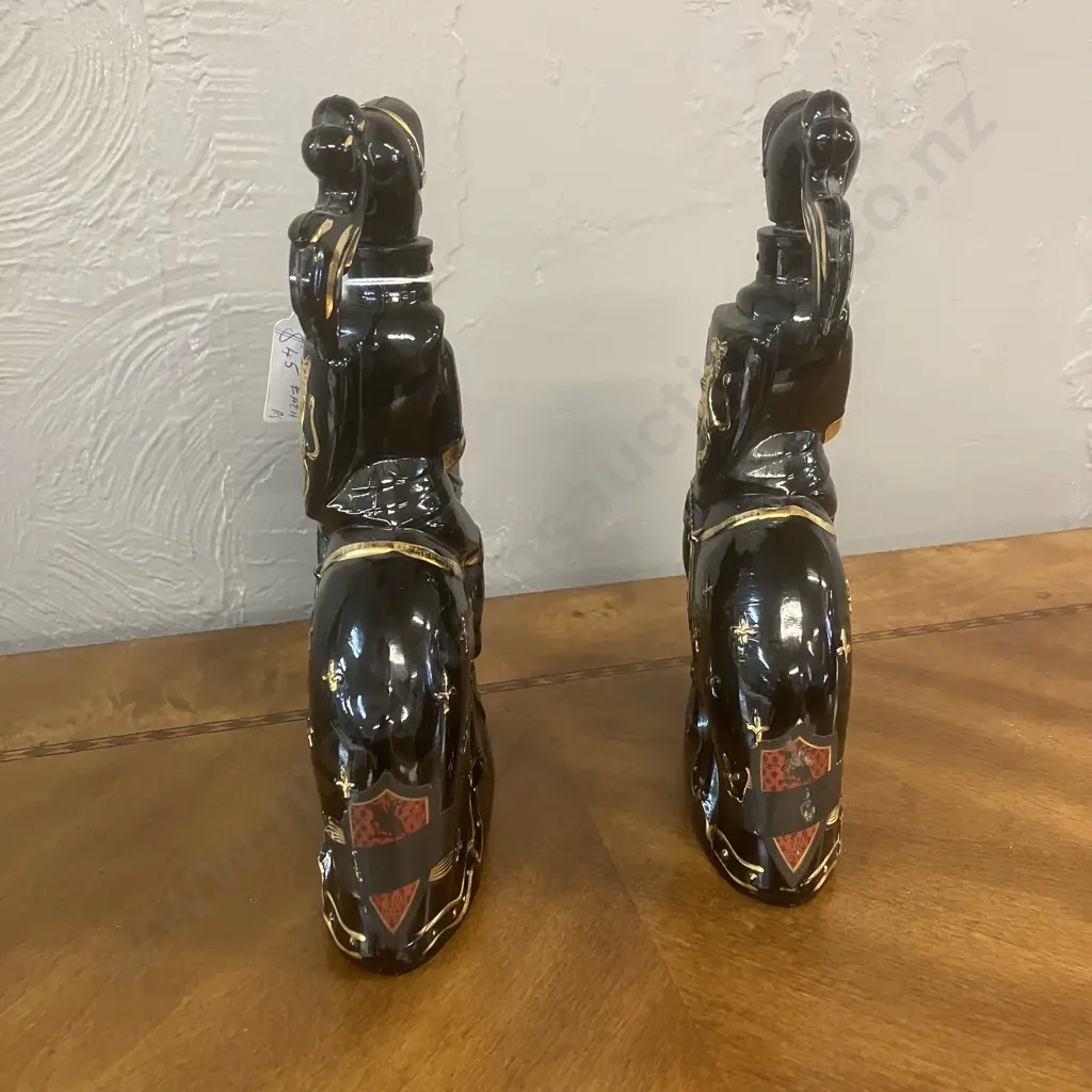 Pair of Vintage Castagnon Armagnac Black & Gold Knight Ceramic Decanters - Nogaro, France. H27cm Image 1++