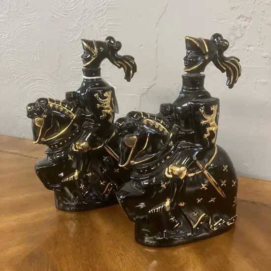 Pair of Vintage Castagnon Armagnac Black & Gold Knight Ceramic Decanters - Nogaro, France. H27cm