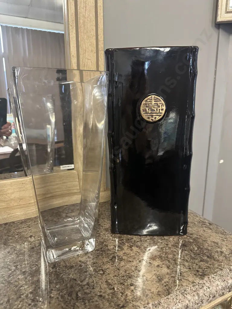 Decorative Oriental Themed Triangular Shaped Vase H40cm & Modernist Clear Glass Vase H35cm. Image 1++