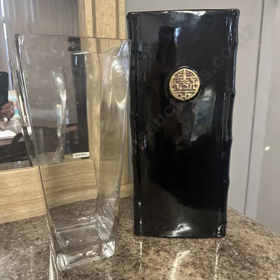 Decorative Oriental Themed Triangular Shaped Vase H40cm & Modernist Clear Glass Vase H35cm.