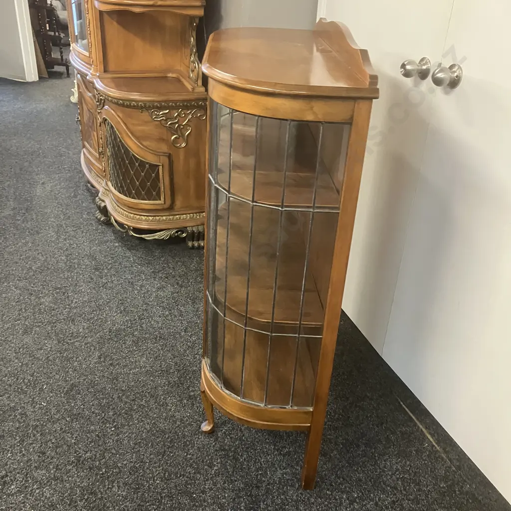 Antique Art Deco Mahogany Leadlight Glazed Bow Front China Display Cabinet, Cabriole Legs. H118 W91.5 D35cm Image 1++