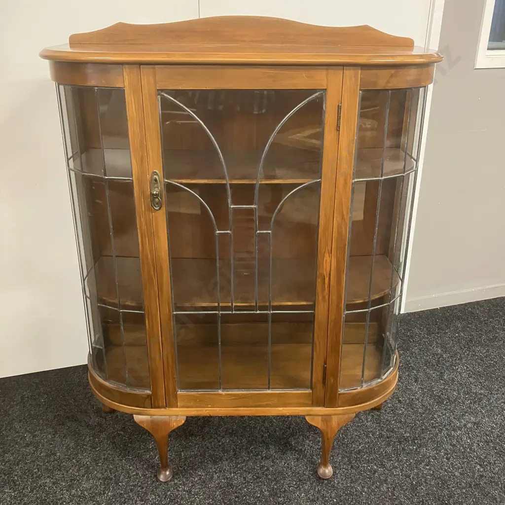 Antique Art Deco Mahogany Leadlight Glazed Bow Front China Display Cabinet, Cabriole Legs. H118 W91.5 D35cm Image 1++