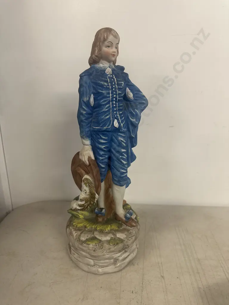 Vintage Bisque Porcelain Blue Boy Figurine With Hat In Hand. H36cm Image 1++