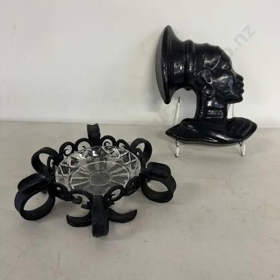 Vintage African Lady Head Wall Plaque & Black Steel Ashtray 