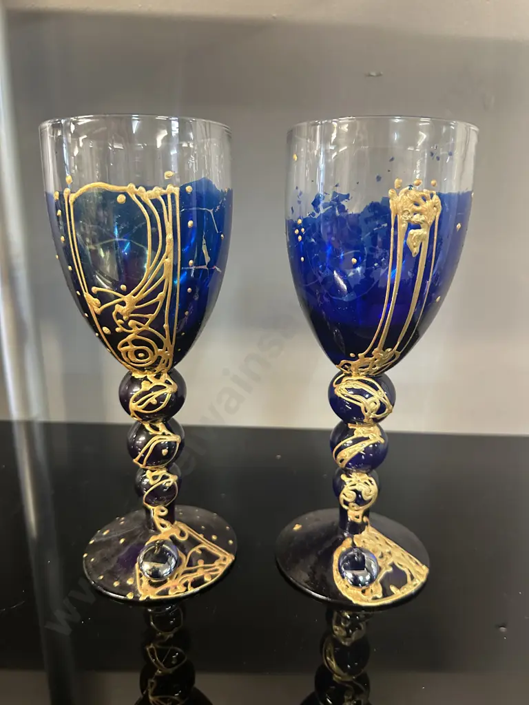 Pair Of Hand Painted Nemesh Art Glass Goblets Image 1++