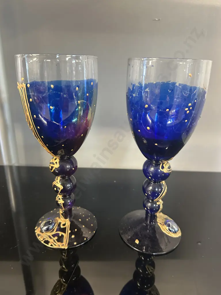 Pair Of Hand Painted Nemesh Art Glass Goblets Image 1++