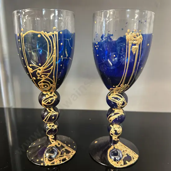 Pair Of Hand Painted Nemesh Art Glass Goblets