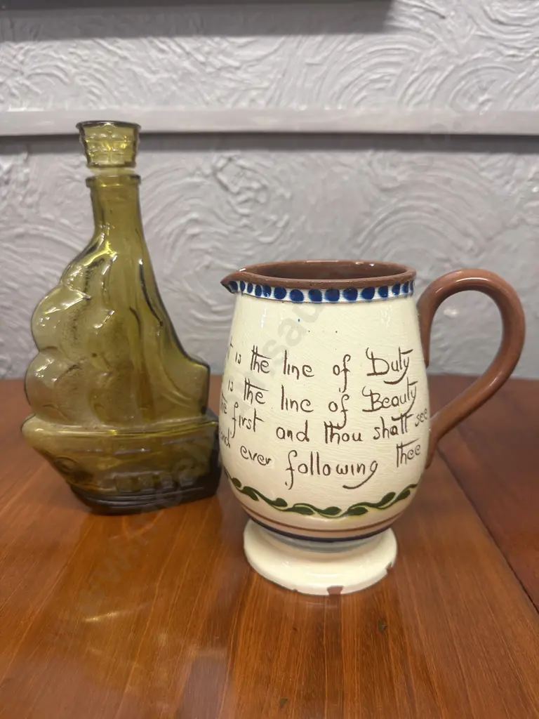 Vintage Amber Glass Sailboat Decanter With Torquay Motto Ware Pitcher (as found) H17cm. Image 1++