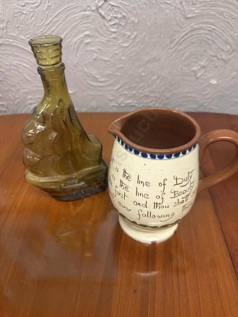 Vintage Amber Glass Sailboat Decanter With Torquay Motto Ware Pitcher (as found) H17cm. Image 1++