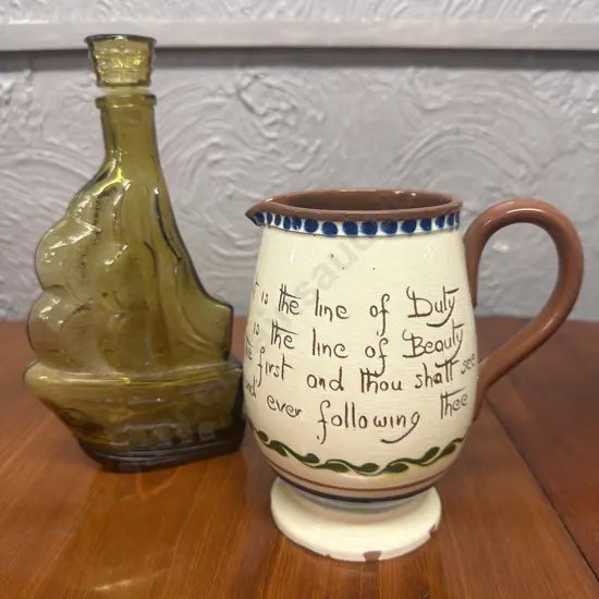 Vintage Amber Glass Sailboat Decanter With Torquay Motto Ware Pitcher (as found) H17cm.