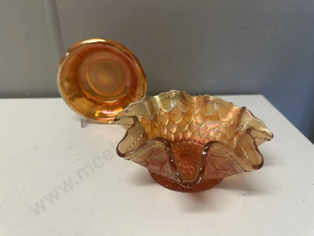 Dugan Carnival Glass Marigold Fish Scales, Beads & Ruffled Edge Bowl & Small Marigold Bowl Image 1++