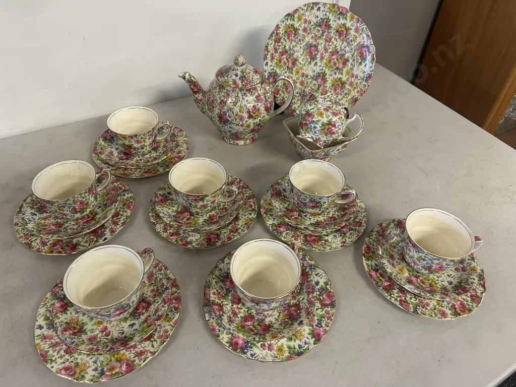 Royal Winton /Grimwades Summertime Chinz English Teaware Including Seven Trios, Teapot, Sugar Bowl, Creamer & Plate Etc  Image 1++