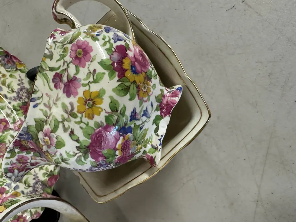 Royal Winton /Grimwades Summertime Chinz English Teaware Including Seven Trios, Teapot, Sugar Bowl, Creamer & Plate Etc  Image 1++