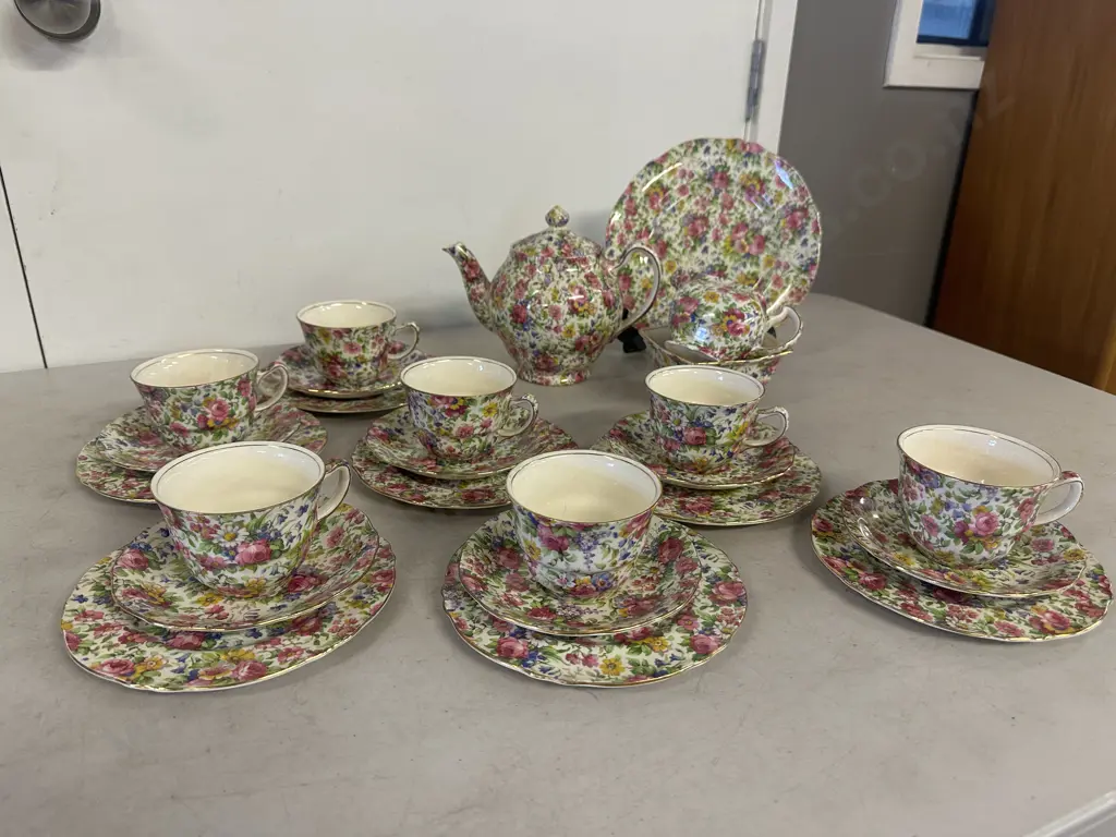 Royal Winton /Grimwades Summertime Chinz English Teaware Including Seven Trios, Teapot, Sugar Bowl, Creamer & Plate Etc  Image 1++