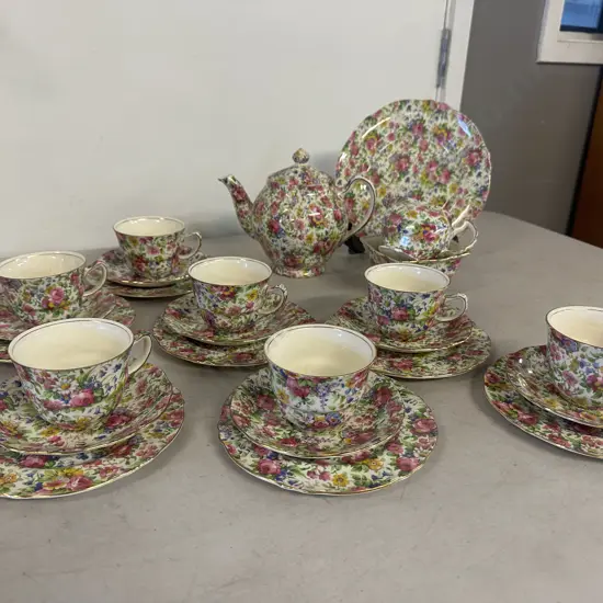 Royal Winton /Grimwades Summertime Chinz English Teaware Including Seven Trios, Teapot, Sugar Bowl, Creamer & Plate Etc 