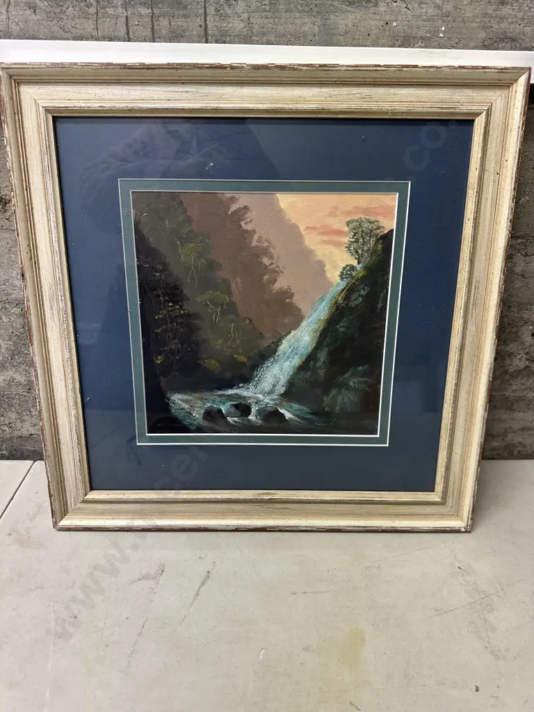 Cream Framed Pastel Artwork Water Fall Landscape Scene 46x46cm. Image 1++
