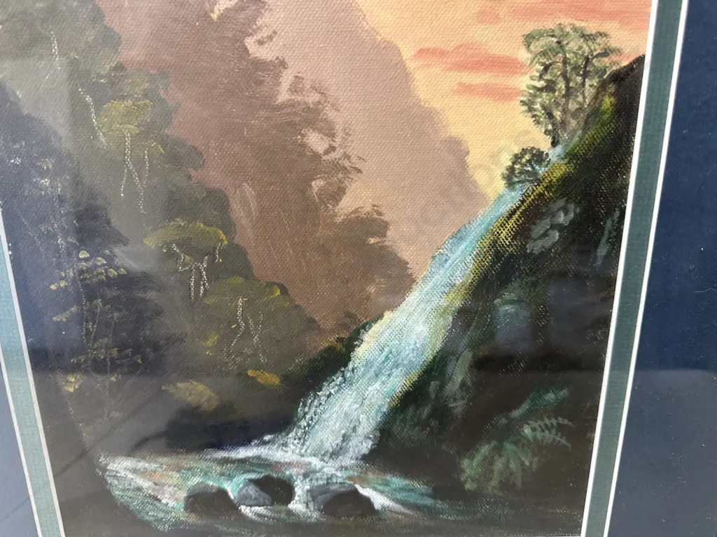 Cream Framed Pastel Artwork Water Fall Landscape Scene 46x46cm. Image 1++