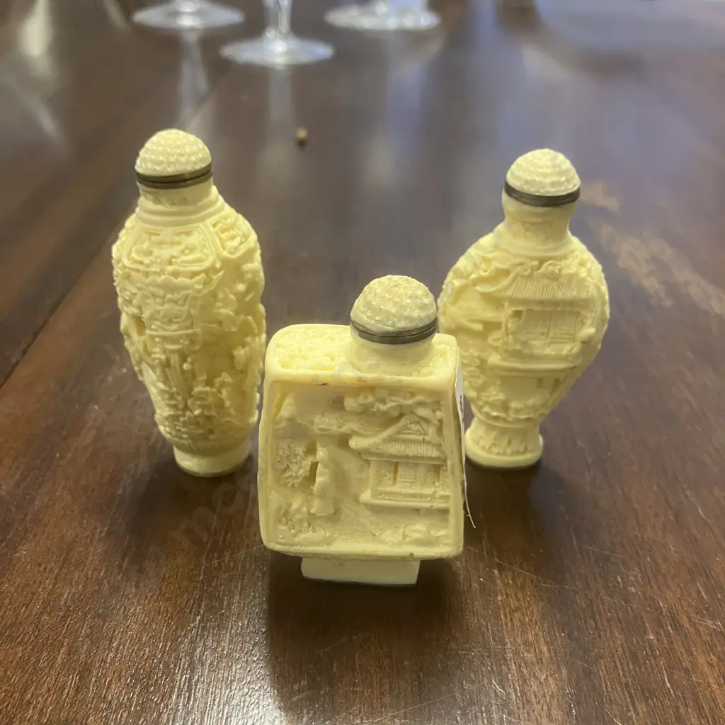 Chinese Carved Resin Snuff Bottles x 3 Image 1++