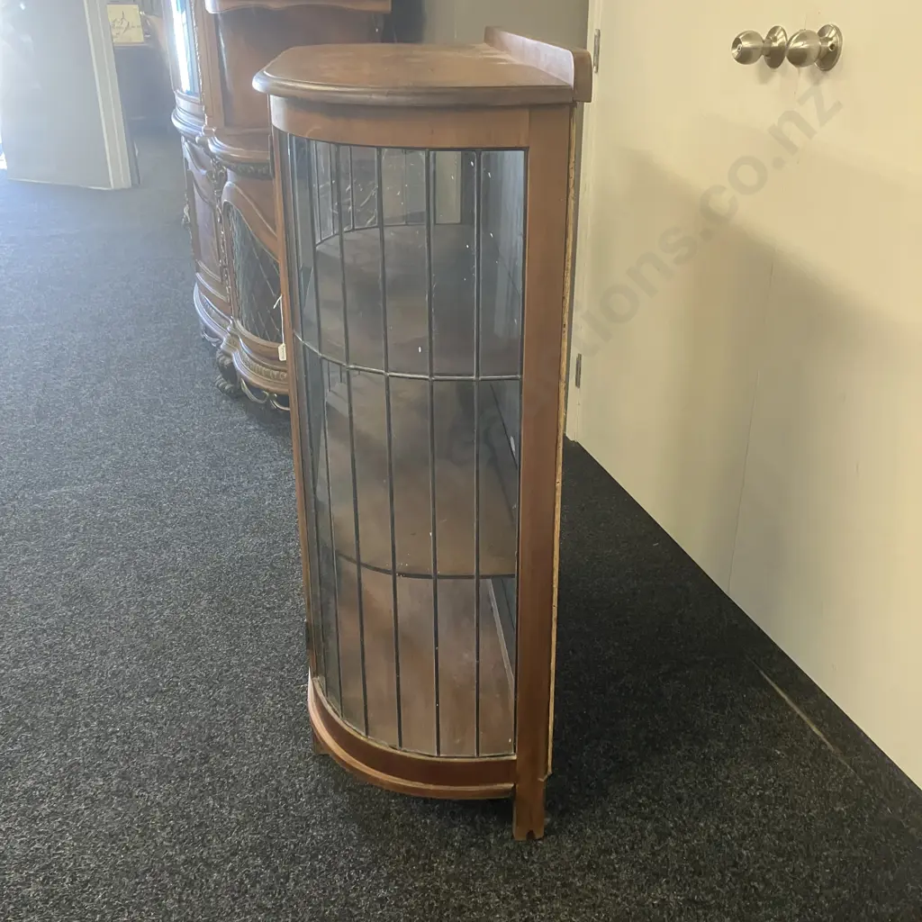 Native Timber Oak Bow Front Leadlight Glazed China Cabinet With Key. H109 W91 D37.5cm Image 1++