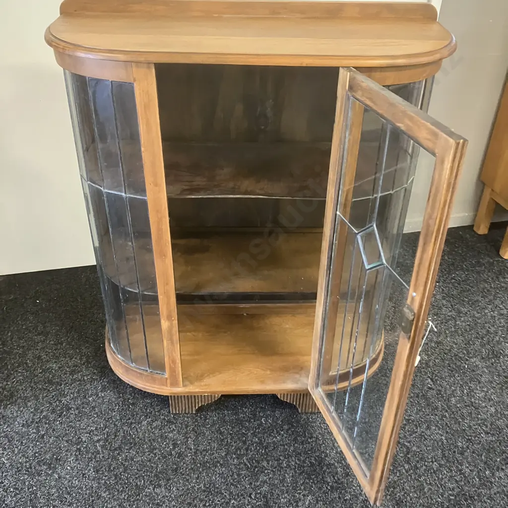 Native Timber Oak Bow Front Leadlight Glazed China Cabinet With Key. H109 W91 D37.5cm Image 1++