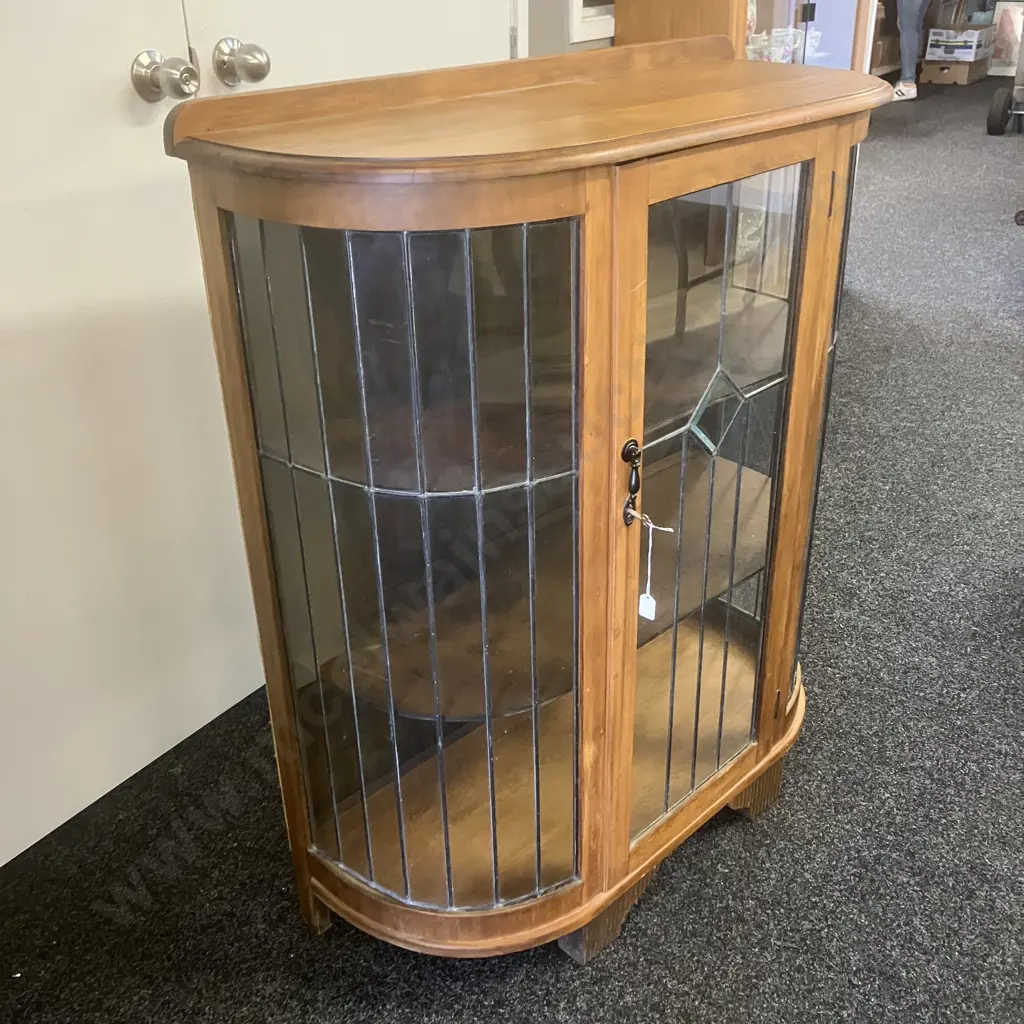 Native Timber Oak Bow Front Leadlight Glazed China Cabinet With Key. H109 W91 D37.5cm Image 1++