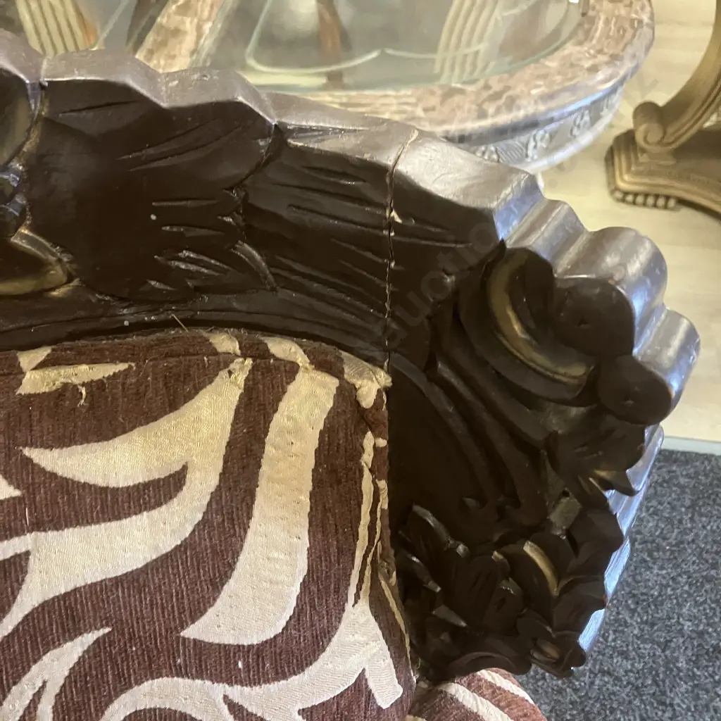 Vintage Carved Wooden Sofa With Zebra Skin Patterned Fabric. H106 W190 D74cm Image 1++