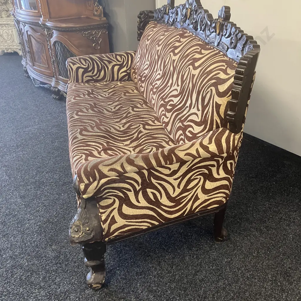 Vintage Carved Wooden Sofa With Zebra Skin Patterned Fabric. H106 W190 D74cm Image 1++
