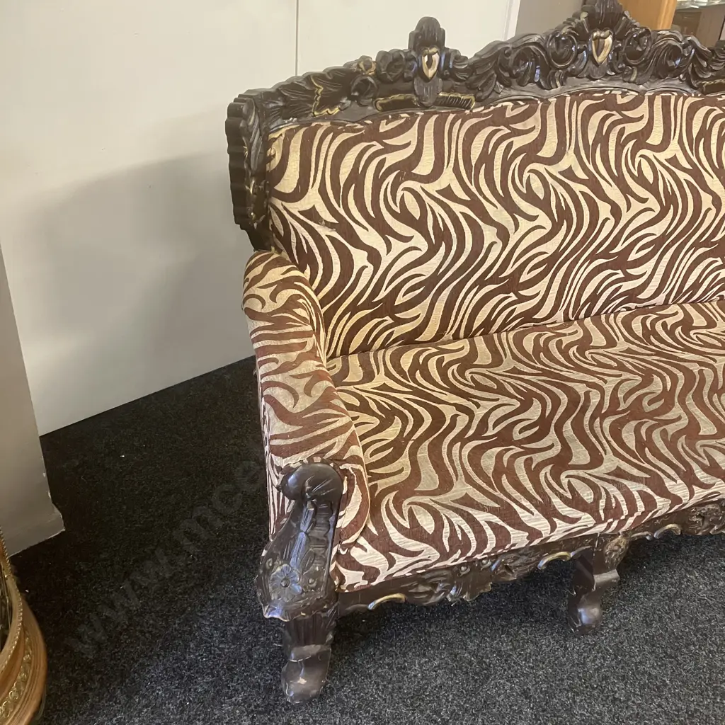 Vintage Carved Wooden Sofa With Zebra Skin Patterned Fabric. H106 W190 D74cm Image 1++