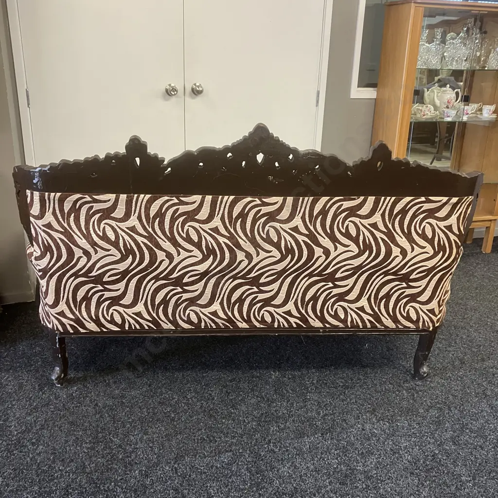 Vintage Carved Wooden Sofa With Zebra Skin Patterned Fabric. H106 W190 D74cm Image 1++