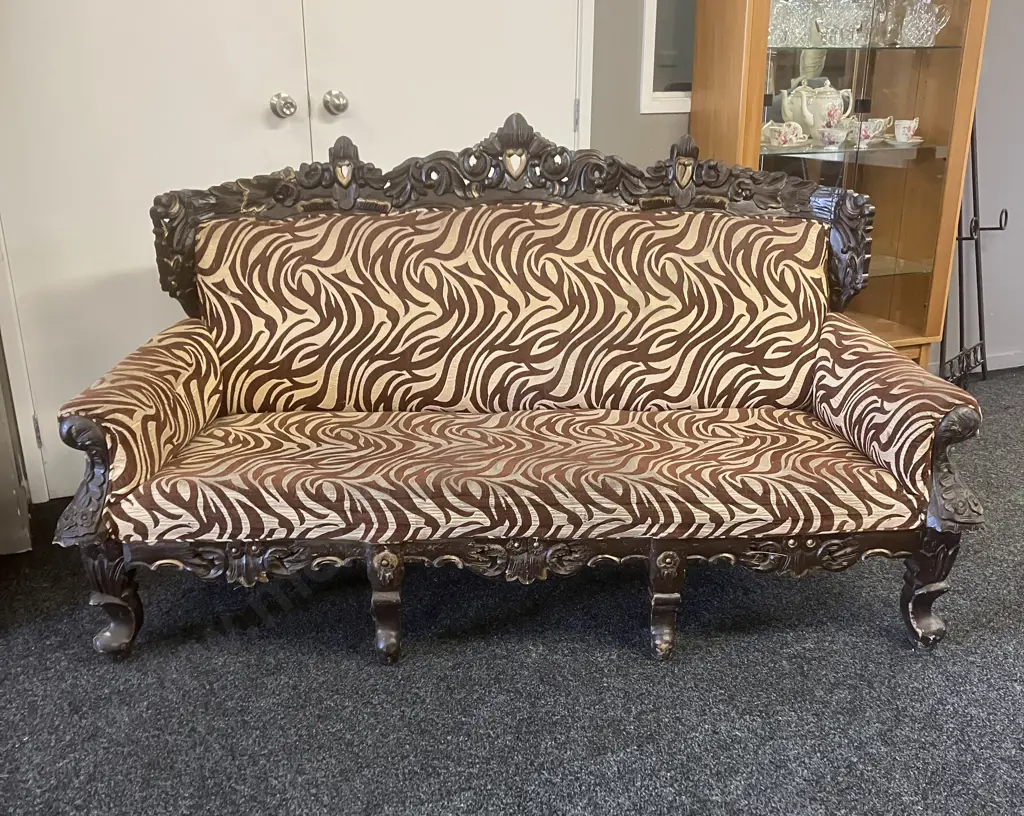 Vintage Carved Wooden Sofa With Zebra Skin Patterned Fabric. H106 W190 D74cm Image 1++