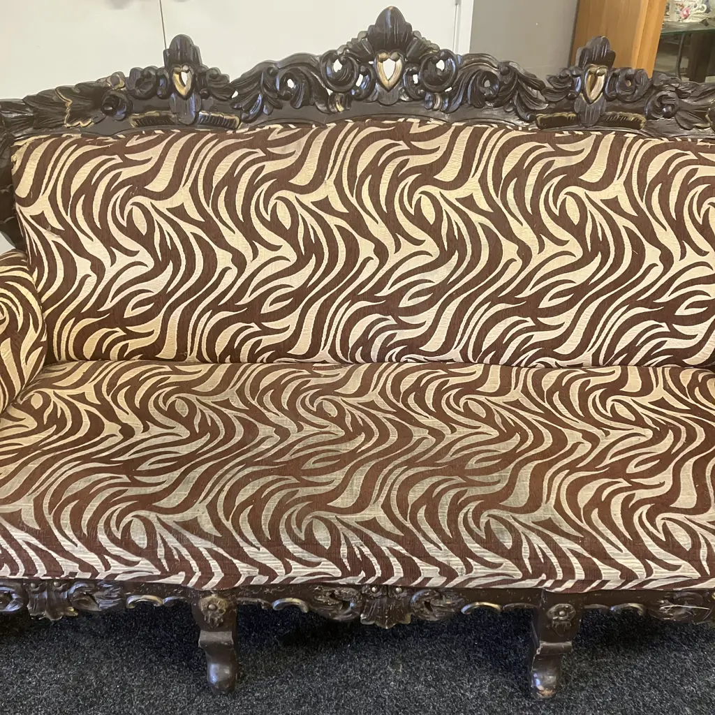 Vintage Carved Wooden Sofa With Zebra Skin Patterned Fabric. H106 W190 D74cm Image 1++