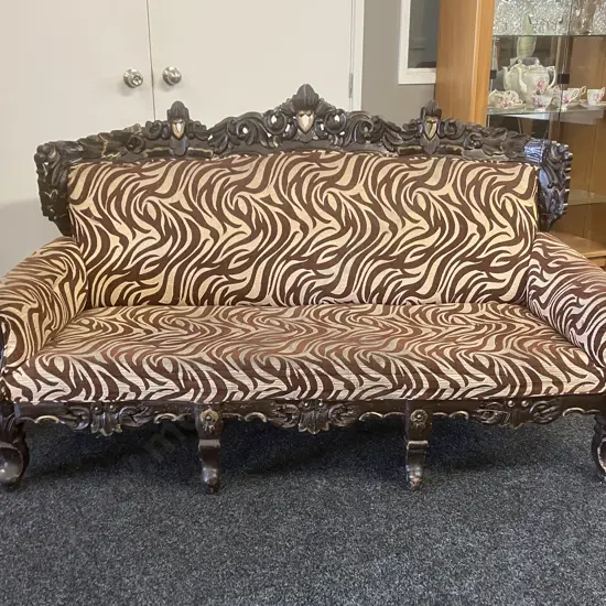 Vintage Carved Wooden Sofa With Zebra Skin Patterned Fabric. H106 W190 D74cm