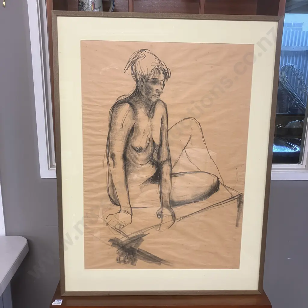 Framed Charcoal Drawing Seated Nude Woman. 95 x 72cm Image 1++