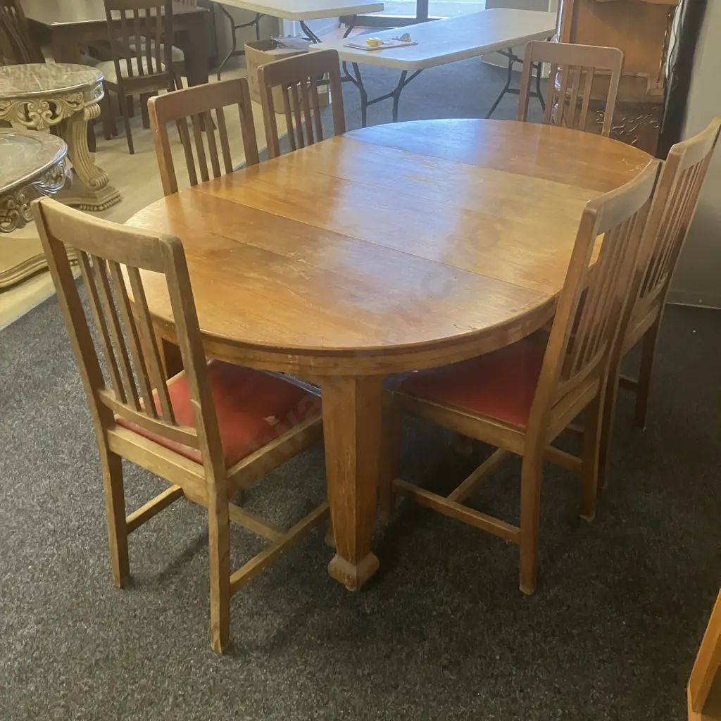 Antique Handmade  New Zealand Rimu Extension Table With Six Dining Chairs, 2 Leaves. W113 x 114, 2 x 33.5cm Leaves Image 1++