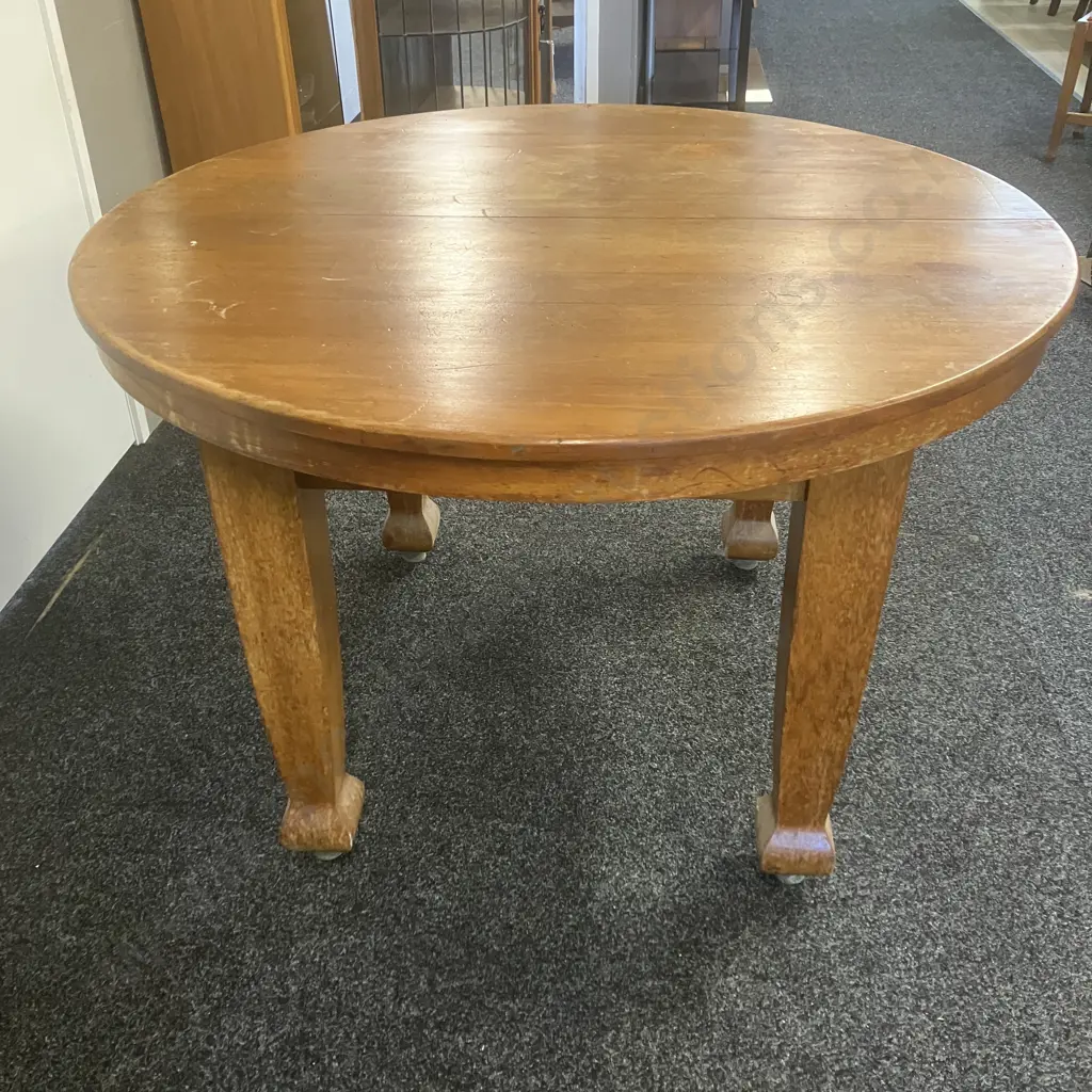 Antique Handmade  New Zealand Rimu Extension Table With Six Dining Chairs, 2 Leaves. W113 x 114, 2 x 33.5cm Leaves Image 1++