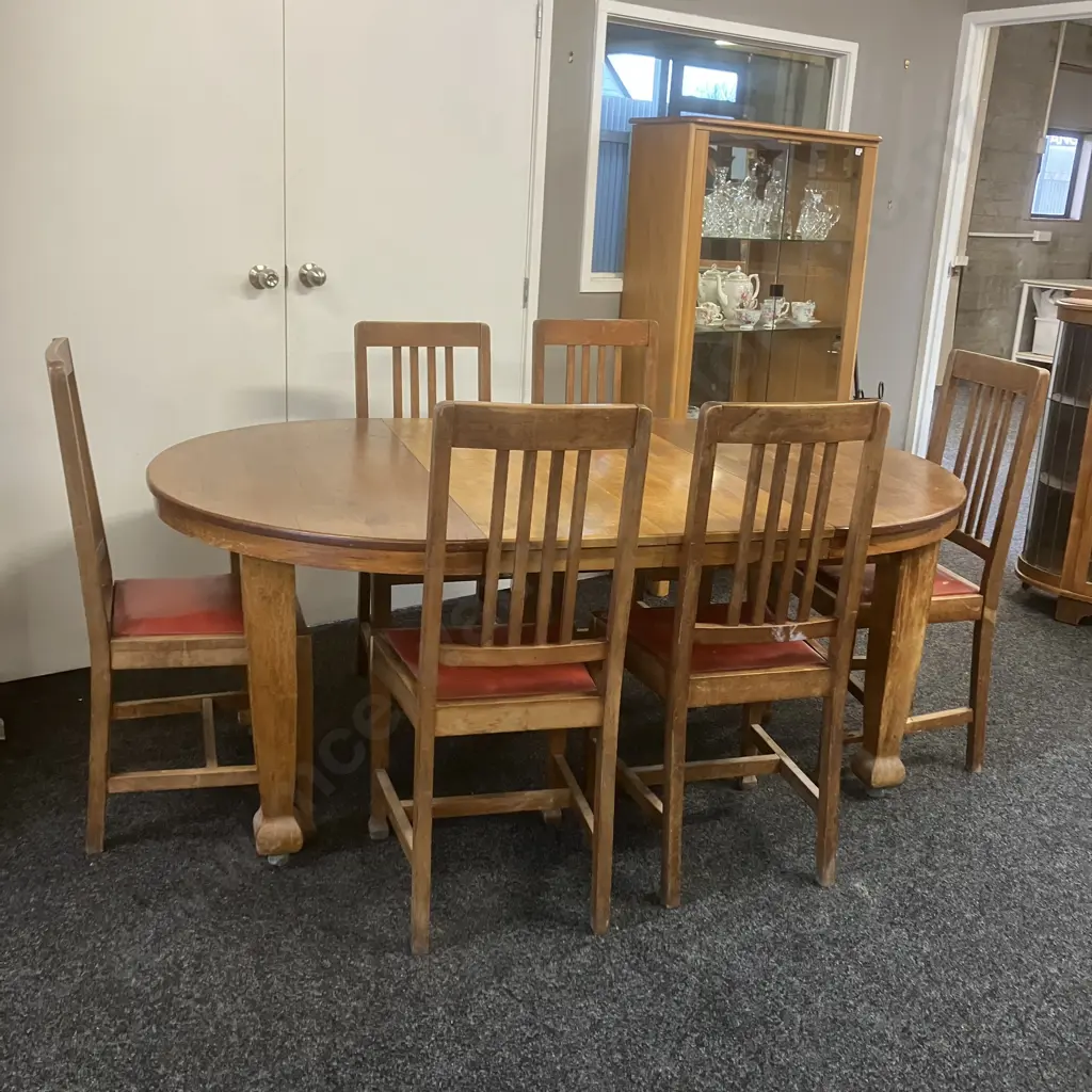 Antique Handmade  New Zealand Rimu Extension Table With Six Dining Chairs, 2 Leaves. W113 x 114, 2 x 33.5cm Leaves Image 1++