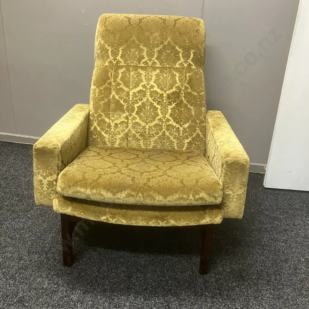 Vintage Mid Century Modern High-Back Lounge Chair In a Green / Gold Embossed Fabric Image 1++