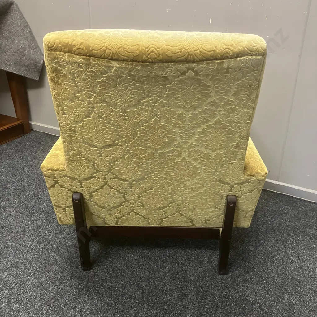 Vintage Mid Century Modern High-Back Lounge Chair In a Green / Gold Embossed Fabric Image 1++