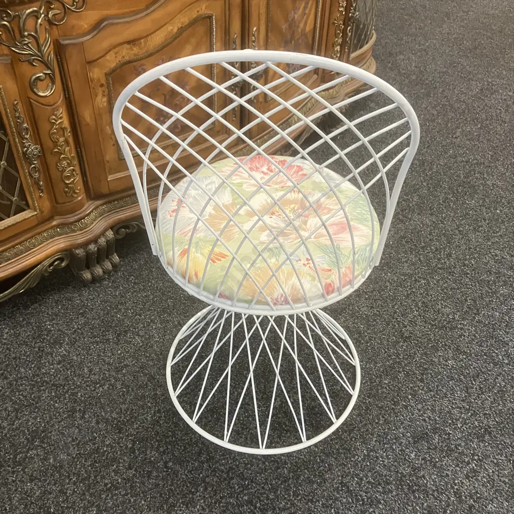 Mid Century Modern White Metal Rod Chair With Floral Fabric Seat Image 1++