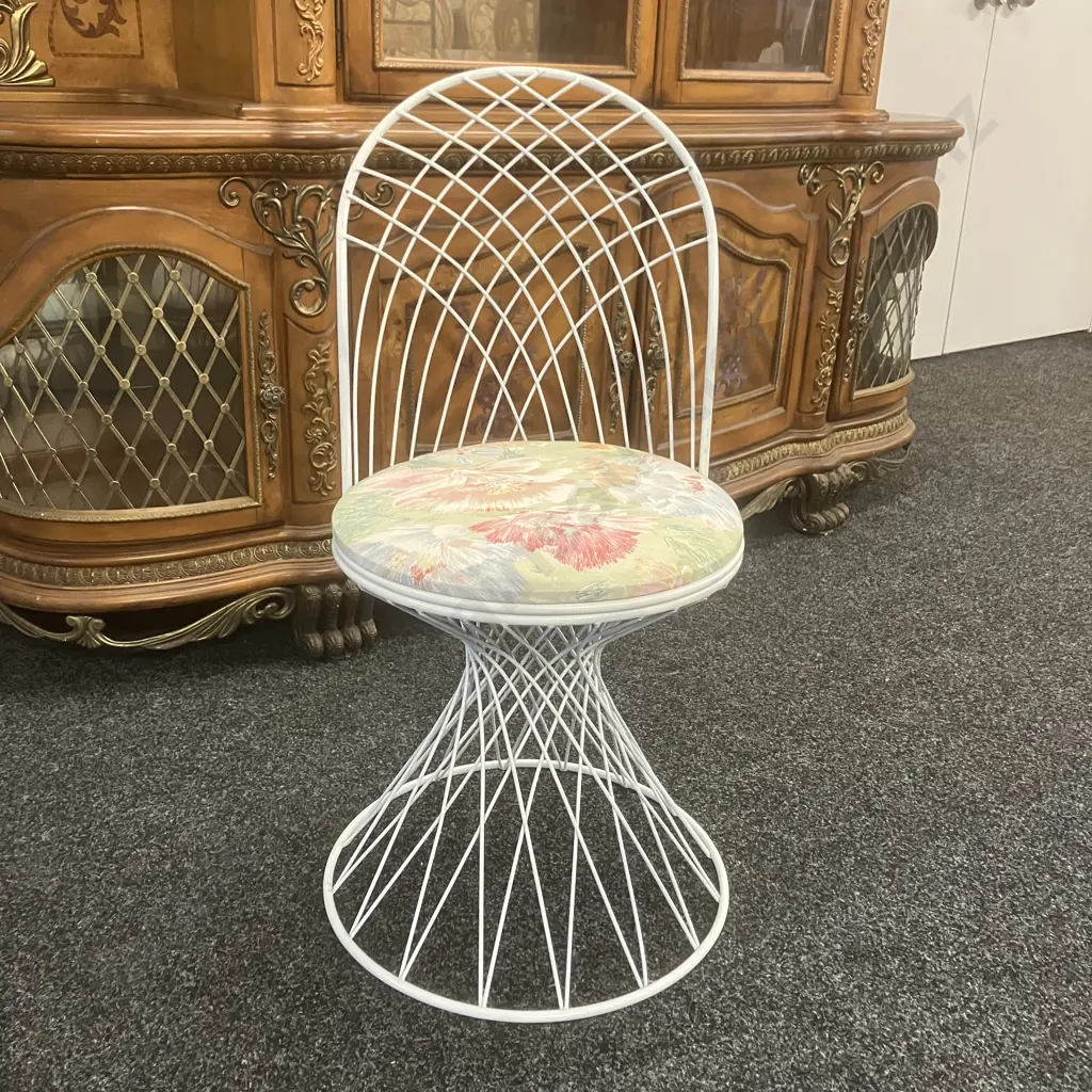 Mid Century Modern White Metal Rod Chair With Floral Fabric Seat Image 1++