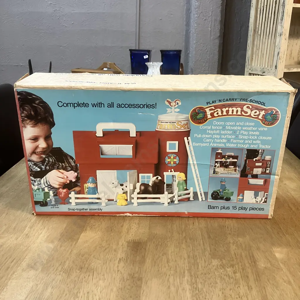 Vintage 1980s "Play 'N Carry" Preschool Farm Set with Barn, Silo, Sticker Sheet, Accessories & Original Box Image 1++