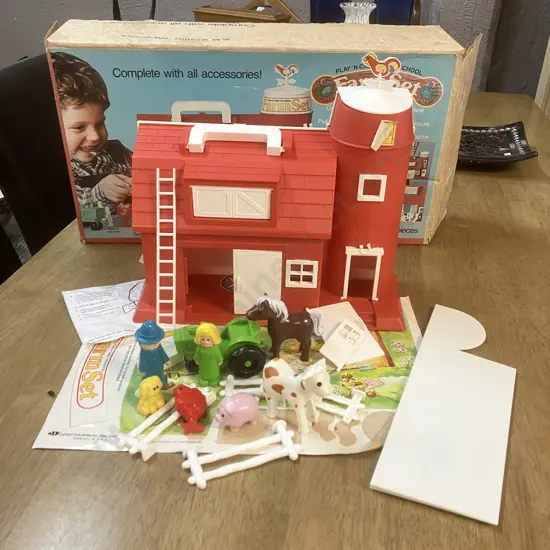 Vintage 1980s "Play 'N Carry" Preschool Farm Set with Barn, Silo, Sticker Sheet, Accessories & Original Box