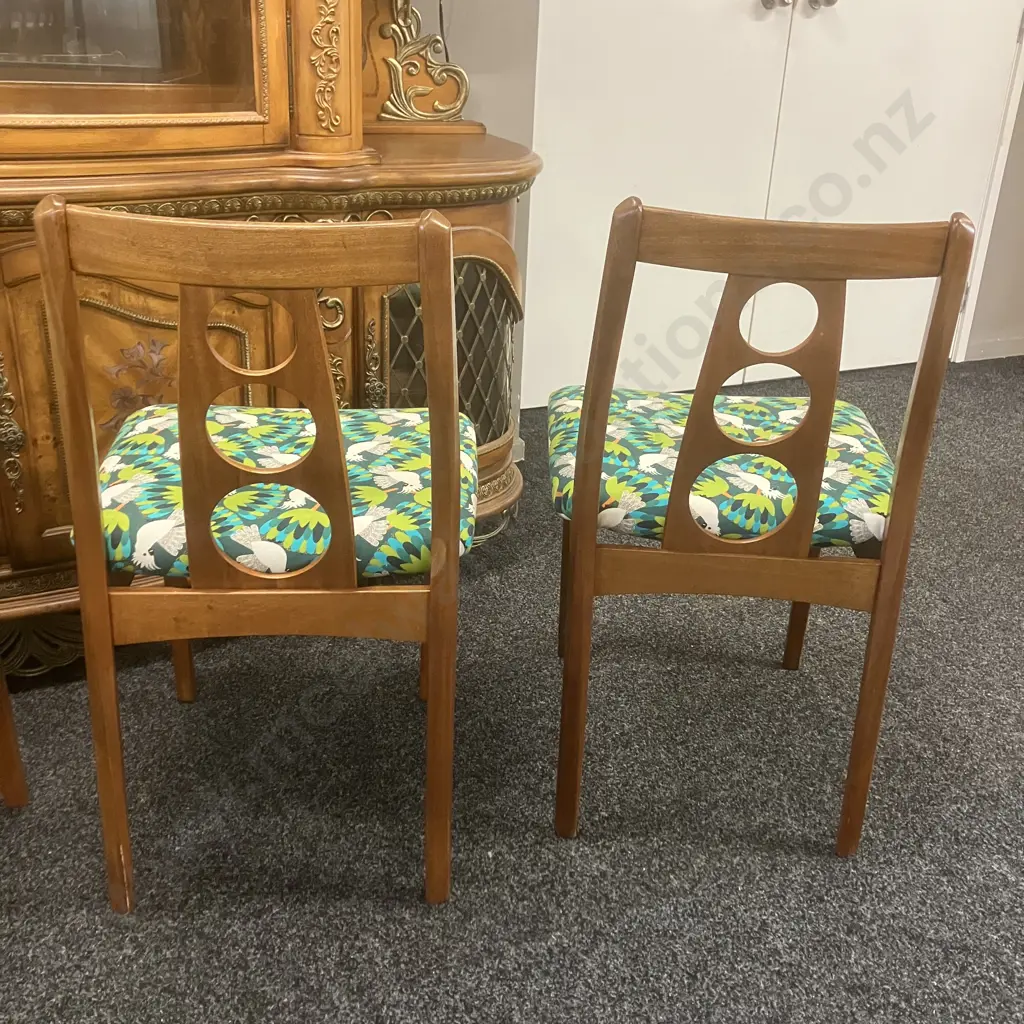 Set of Five Airest Mid Century Modern Mahogany Dining Chairs With Green & White Cockatoo Patterned Fabric Seat, c1960s Image 1++