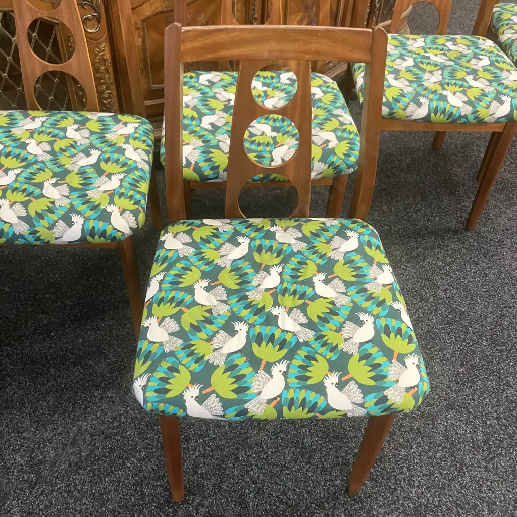 Set of Five Airest Mid Century Modern Mahogany Dining Chairs With Green & White Cockatoo Patterned Fabric Seat, c1960s Image 1++