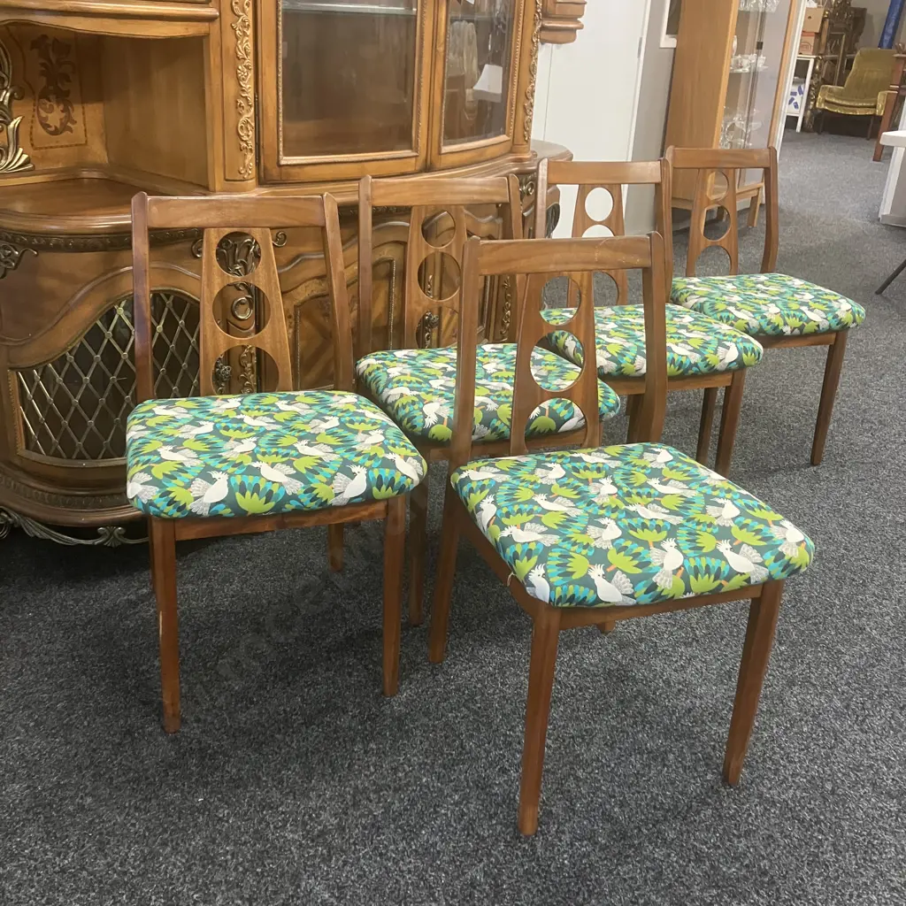 Set of Five Airest Mid Century Modern Mahogany Dining Chairs With Green & White Cockatoo Patterned Fabric Seat, c1960s Image 1++