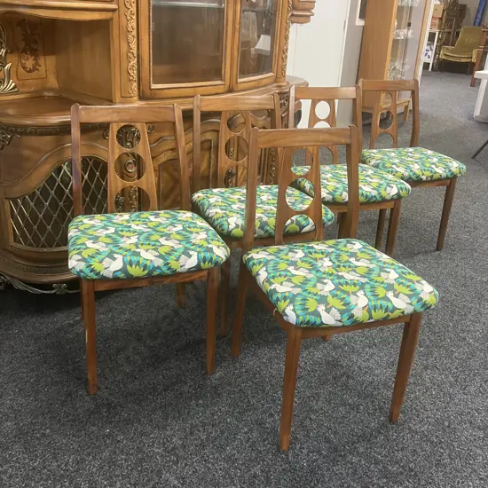 Set of Five Airest Mid Century Modern Mahogany Dining Chairs With Green & White Cockatoo Patterned Fabric Seat, c1960s